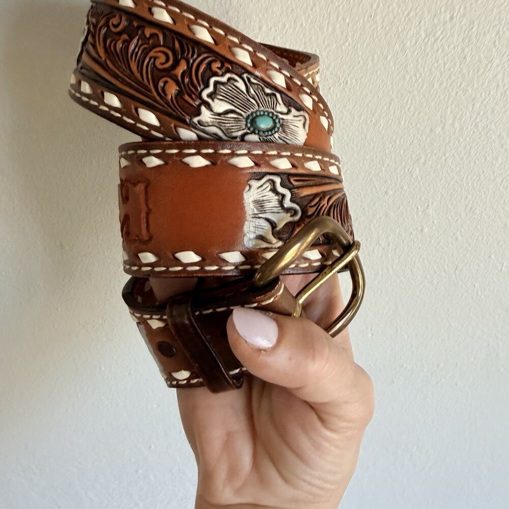 Vintage Tony Lama 48788 KAREN Tooled Leather Western Belt Turquoise Flower Sz32